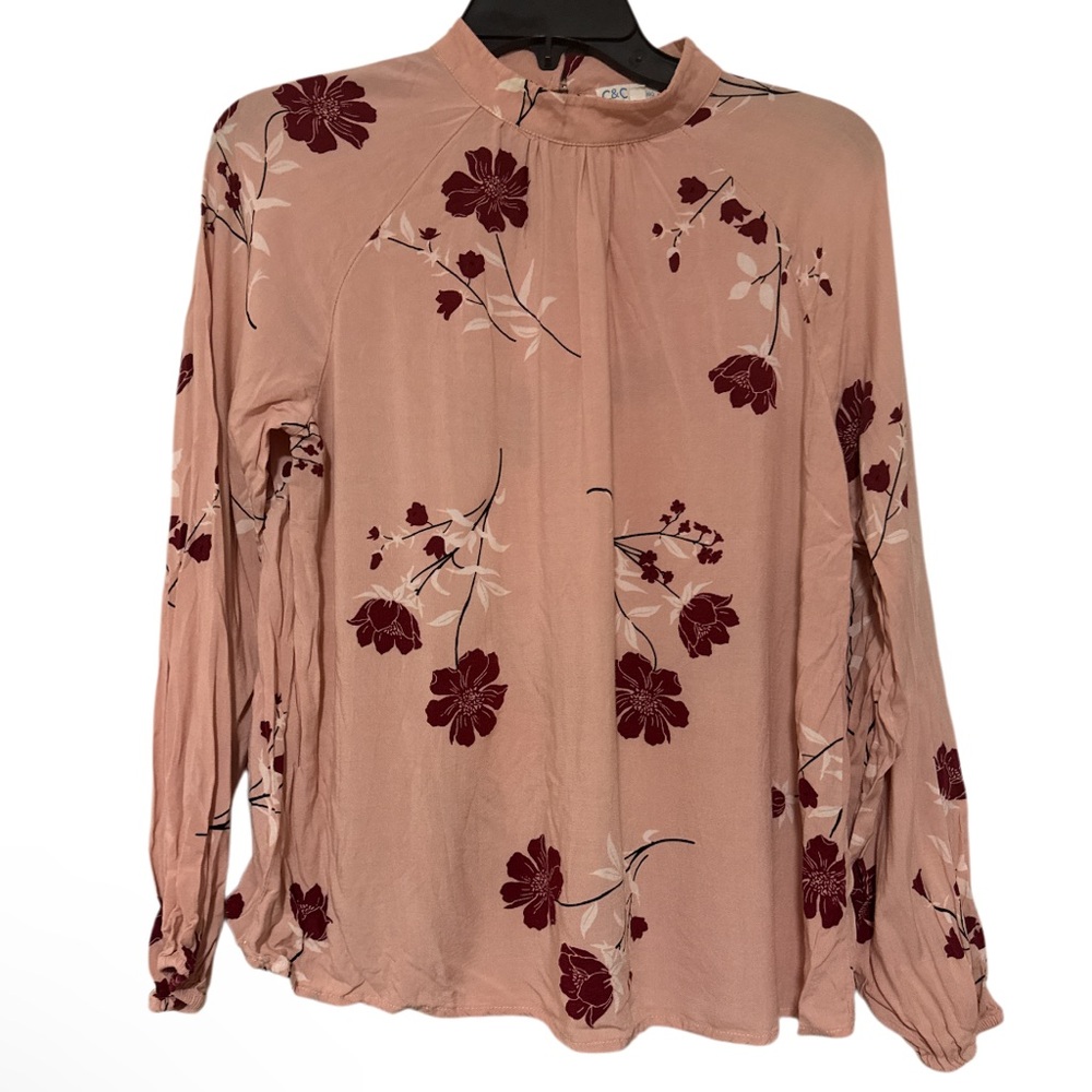 C&C California Pink Ruffled Long Sleeve Blouse with Mandarin Collar - Size S